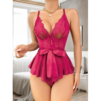MARSiLYAN-  Fuşya Dantel İşlemeli Kurdelalı Fantezi Tül Babydoll