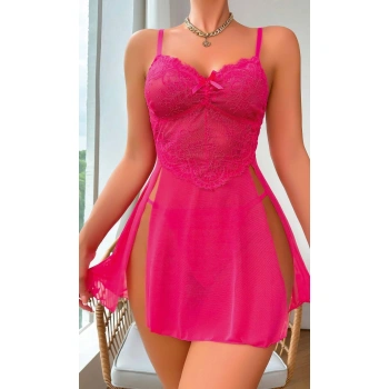 MARSiLYAN- Fuşya Dantel İşlemeli Transparan Fantezi Tül Gecelik