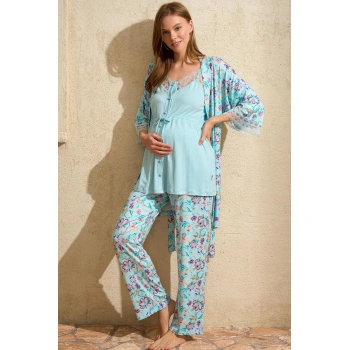 MARSiLYAN- İp Askılı V Yaka Kadın Çiçek Desenli Yazlık Dantel Detaylı Hamile Pijama Takımı Sabahlık