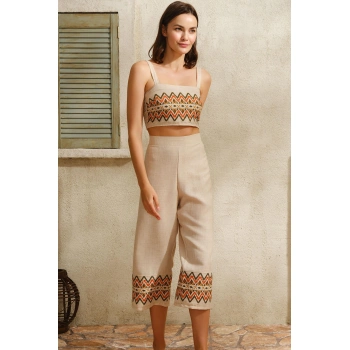 MARSiLYAN- Kalın Askılı Oyuk U Yaka Geometrik Yazlık Uzun Nakış Detaylı Pijama Takımı