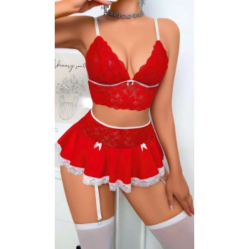 MARSiLYAN- Kırmızı Dantel İşlemeli Büstiyerli Etekli Fantezi Kostüm