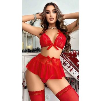 MARSiLYAN- Kırmızı Dantel İşlemeli Etekli Sütyen Fantezi Takım