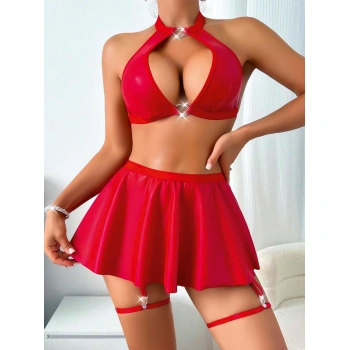 MARSiLYAN-  Kırmızı Dekolteli Etekli Boyundan Bağlamalı Fantezi Parlak Deri Kostüm