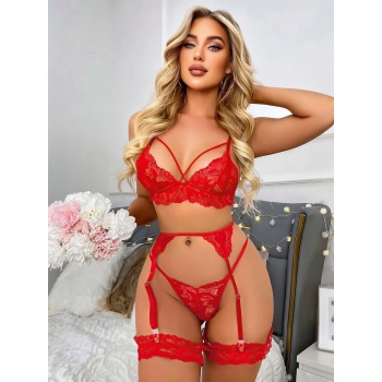 MARSiLYAN- Kırmızı Göğüs İp Detaylı Dantel İşlemeli Fantezi Jartiyer Takımı