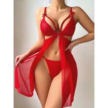 MARSiLYAN- Kırmızı Göğüs İp Detaylı Dantel İşlemeli Tül Gecelik