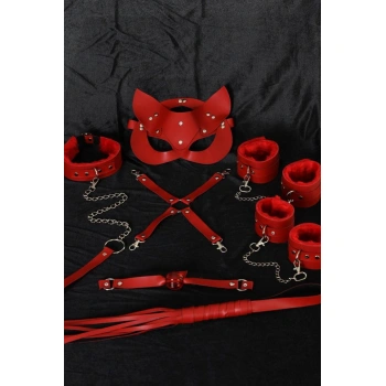 MARSiLYAN- Kırmızı İçi Tüğlü Maske,kol,bacak,ağız Topu,kırbaç,tasma Set 700938
