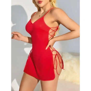 MARSiLYAN- Kırmızı Yanları İp Detaylı Fantezi Gecelik