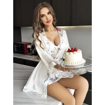 MARSiLYAN- Özel Tasarım Çiçek Desenli Göğüs Dekolteli Sabahlıklı 2li Beyaz Saten Gecelik Takımı