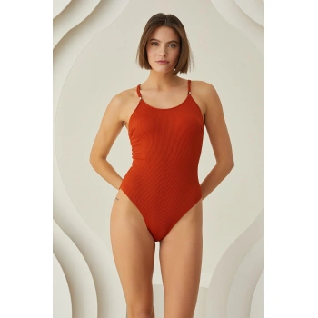 MARSiLYAN- Özel Tasarım Fitilli Kiremit Rengi Mayo