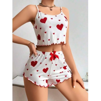 MARSiLYAN- Pamuklu Beyaz Üstüne Kırmızı Kalp Desenli Askılı Şortlu Pijama Takımı