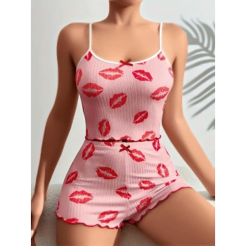 MARSiLYAN- Pamuklu Kiss Öpücük Desen Pembe Şortlu Pijama Takımı