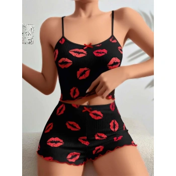 MARSiLYAN- Pamuklu Kiss Öpücük Desen Siyah Fitilli Şortlu Pijama Takımı