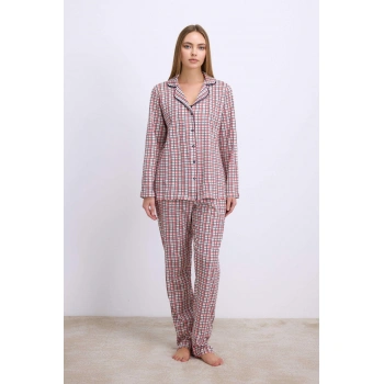 MARSiLYAN- Pamuklu Uzun Kol Düğmeli Gömlek Ve Ekose Pantolon Pijama Takımı