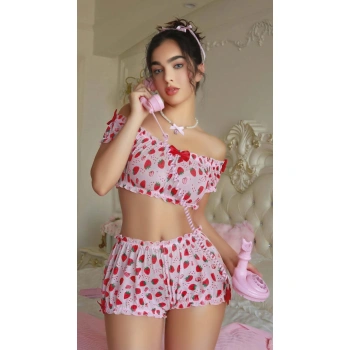 MARSiLYAN-  Pembe Çilek Desenli Şortlu Fantezi Sütyen Takımı