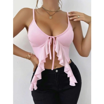 MARSiLYAN-  Pembe İnce Askılı Önden Bağlamalı Fırfır Detaylı Crop