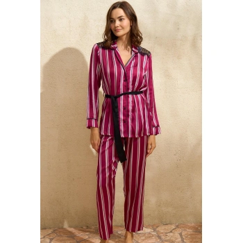 MARSiLYAN- Saten Çizgili Düğmeli Uzun Kol Dantelli Gömlek Ve Pantolon Pijama Takım