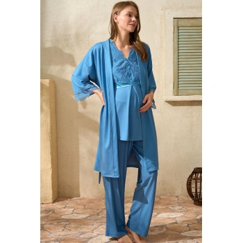 MARSiLYAN- Sıfır Kol V Yaka Kadın Viskon Düz Yazlık Uzun Dantel Detaylı Hamile Pijama Takımı Sabahlık