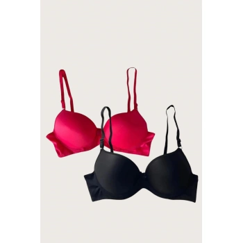 MARSiLYAN- Siyah-kırmızı 2li Mikro Kumaş İçi Boş Balenli Günlük Desteksiz Sütyen