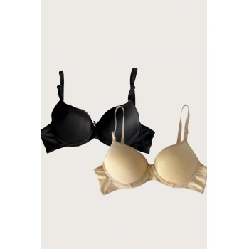 MARSiLYAN- Siyah-ten 2li Mikro Kumaş Push Up Dolgulu Balenli Günlük Destekli Sütyen