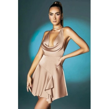 MARSiLYAN-  Somon Askılı Degajeli Fantezi Mini Elbise