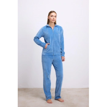 MARSiLYAN- Uzun Kollu Fermuarlı Kadife Sweatshirt Ve Pantolon Pijama Takımı