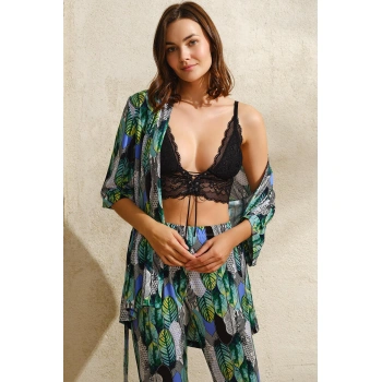 MARSiLYAN- Viskon Yaprak Baskılı Sabahlık Balensiz Desteksiz Dolgusuz Dantelli Bralet Sütyen Ve Pantolon Pijama 3lü Takım