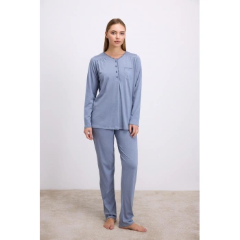 Modal Pamuklu Uzun Kollu Düğmeli 2li Pijama Takımı