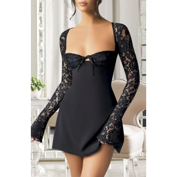 Özel Tasarım Dantel İşlemeli Şık Uzun Bolerolu Siyah Fantezi Mini Club Elbisesi