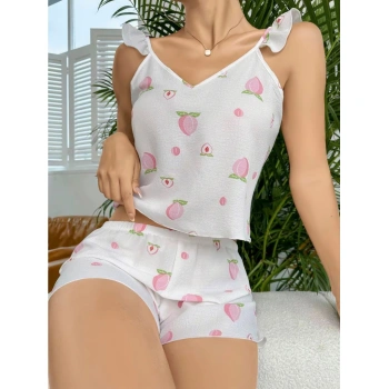 Pamuklu Beyaz Üstüne Çiçek Desen Fırfır Askılı Şortlu Pijama Takımı