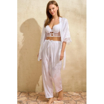 Saten Çiçek Desenli Dantelli Sabahlık Balenli Destekli Dolgulu Büstiyer Sütyen Ve Pantolon Pijama 3lü Takım