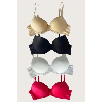 Siyah-beyaz-kırmızı-ten 4lü Dolgulu Push Up Micro Balenli Günlük Tek Destekli Sütyen