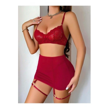 Transparan Kırmızı Dantel İşlemeli Fantezi Bacak Bantlı Etekli Jartiyer Takımı