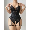  Siyah Özel Bölgesi Açık Dantel İşlemeli Jartiyer Görünümlü Fantezi Body