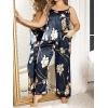 Büyük Beden Mavi Üstüne Çiçek Desenli İnce Askılı 2li Saten Pijama Takımı