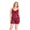 MARSiLYAN- Büyük Beden Bordo Saten Babydoll Şort Takımı