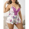 MARSiLYAN- Büyük Beden Beyaz Üstüne Mor Çiçek Desenli Dantel İşlemeli İnce Askılı Şort Gecelik