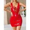 MARSiLYAN- Kırmızı Arkası İp Dekolteli Mini Fantezi Parlak Deri Elbise