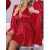 MARSiLYAN- Özel Tasarım Boyundan Bağlamalı Göğüs Dekolteli Sabahlıklı 2li Kırmızı Saten Gecelik Takımı