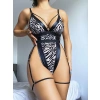 MARSiLYAN-  Özel Tasarım Göğüs İp Detaylı Zebra Desen Fantezi Jartiyerli Body