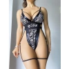 MARSiLYAN- Özel Tasarım Göğüs İp Detaylı Zebra Desen Fantezi Jartiyerli Body