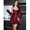 MARSiLYAN- Özel Tasarım Sırt Dekolteli Sabahlıklı Saten Bordo 2li Gecelik Takımı