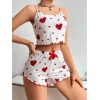 MARSiLYAN- Pamuklu Beyaz Üstüne Kırmızı Kalp Desenli Askılı Şortlu Pijama Takımı