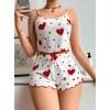 MARSiLYAN- Pamuklu Beyaz Üstüne Kırmızı Kalp Desenli Askılı Şortlu Pijama Takımı
