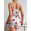 MARSiLYAN- Pamuklu Beyaz Üstüne Kırmızı Kalp Desenli Askılı Şortlu Pijama Takımı