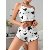 MARSiLYAN- Pamuklu Beyaz Üstüne Siyah Kalp Desen Fitilli Askılı Şortlu Pijama Takımı