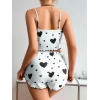 MARSiLYAN- Pamuklu Beyaz Üstüne Siyah Kalp Desen Fitilli Askılı Şortlu Pijama Takımı