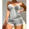 MARSiLYAN- Pamuklu Dantel İşlemeli Gri Askılı Şortlu Pijama Takımı