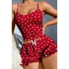 MARSiLYAN- Pamuklu Kırmızı Üstüne Beyaz Kalp Desen Fitilli Askılı Şortlu Pijama Takımı