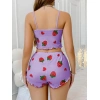 MARSiLYAN- Pamuklu Lila Üstüne Çilek Desen Fitilli Askılı Şortlu Pijama Takımı