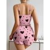 MARSiLYAN- Pamuklu Pembe Üstüne Siyah Kalp Desenli Askılı Fitilli Şortlu Pijama Takımı